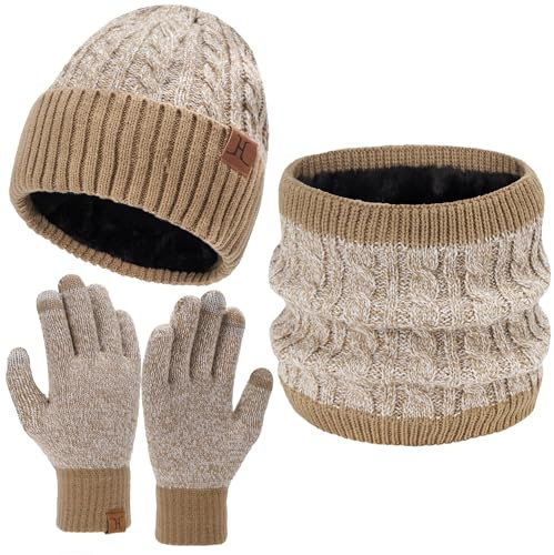 Damen Herren Winter Warm Beanie Mütze Touchscreen Handschuhe Loop Schal Set mit Fleece Gefüttert, Strickmütze Wintermütze Schlauchschal Winterhandschuhe Frauen Männer Geschenk, Khaki Weiß