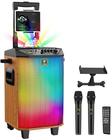 Karaoke per adulti, TONOR Altoparlante Bluetooth portatile con 2 microfoni wireless Sistema PA con luci da discoteca per casa, feste, KTV, supporto per tablet, Marrone, Supporta REC/USB/TF/AUX