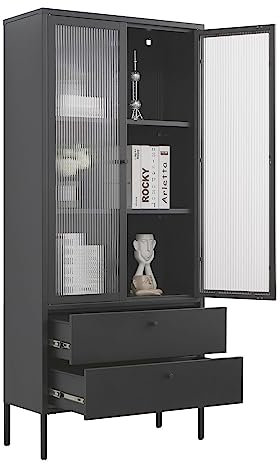 Mein-Regal Vitrine Paris Schrank Schwarz Industrial Style Wohnzimmer Möbel Arbeitszimmer - Metall Vitrinenschrank Schubladen, Türen, Einlegeböden - Mehrzweckschrank LxBxH 80x35x180 cm