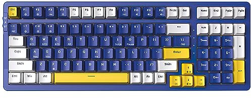 Qisan Tastiera Meccanica Senza Fili/Cablata USB per Gaming - LED Retroilluminazione Ice Blue, Interruttore Brown, 100 Tasti, Layout US (Bianco/Blu Scuro/Giallo Combo)