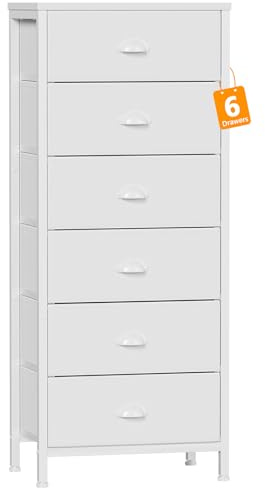Furnulem White Tall Dresser for Bedroom,Vertical Storage Tower Unit and End Table with 6 Fabric Drawers, Nightstand Furniture with Drawer Organizer in Living Room,Closet,Entryway,Hallyway