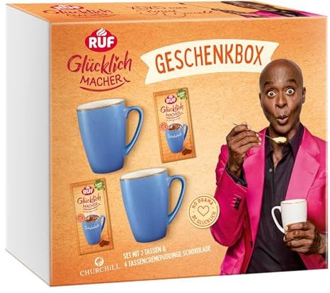 RUF Glücklichmacher Geschenkbox mit 2 hochwertigen Churchill Tassen und 4 Schoko-Tassenpuddingen