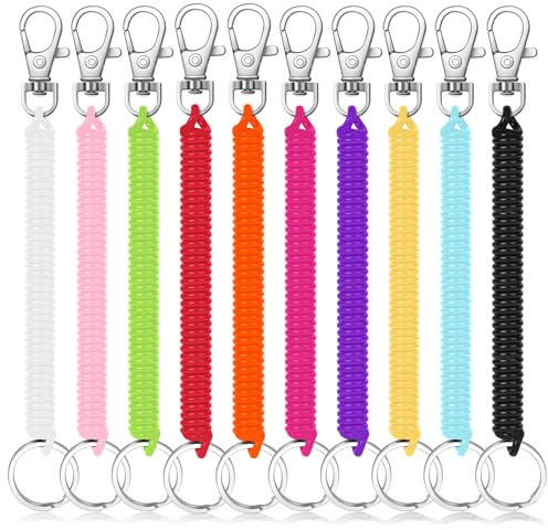 Mozeat Lens 10Pcs Stretchy Spiral Keyring Colourful Plastic Keychain Safety Theftproof Anti-Lost Stretch Cord Key Ring Spring Key Holder for School, Work, 10 Colors