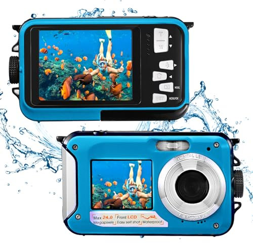 Appareil Photo numérique Etanche,Couleeur Camera Etanche Full HD 2.7K 48MP Double Ecran Anti-Vibrations,Selfie Double écrans 16X Zoom Appareil Photo Etanche pour Natation,Vacances(Bleu)