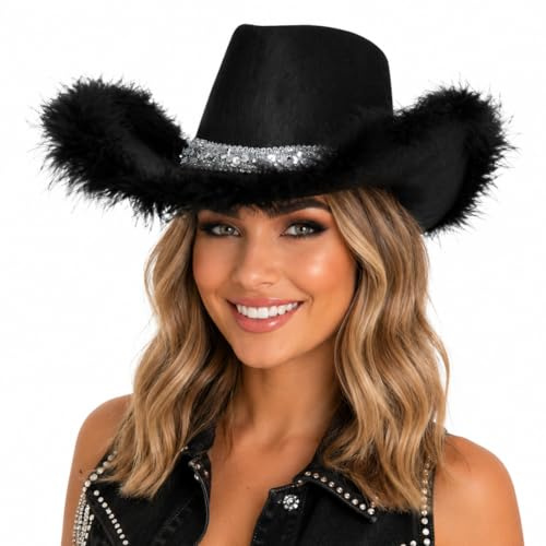 Wicked Costumes Black Sequin Cowboy Hat for Women with Feather Trim – Glam Western Cowgirl Hat for Festivals, Nashville, Disco, Rodeo & Fancy Dress Parties