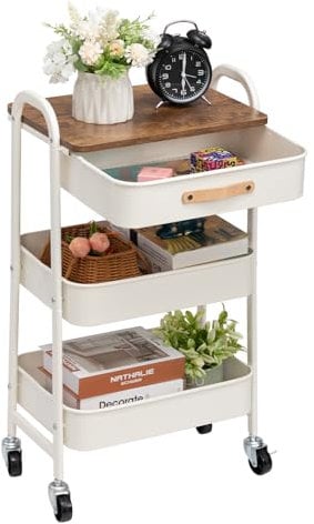 DOEWORKS Storage Trolley on Wheels Metal 3-Tier Trolley Cart with Drawer Rolling Kitchen Trolleys Beauty Trolleys with Leather Handle for Room Bathroom Office, White