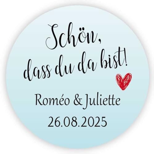 MameArt 50stk Aufkleber Personalisiert Schön DASS du da bist, 4cm Etikett für Hochzeit Gastgeschenk Taufe Kommunion Feste Geschenke Präsente (Blau)