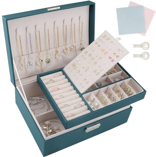 TEIVUL Schmuckkästchen,Damen 2-schichtige Schmuckaufbewahrung,PU-Leder Schmuckkasten mit Schloss,geeignet für Halsketten,Ringe,Ohrringe,Armbänder,Jewelry Organizer für Frauen und Mädchen (grün)
