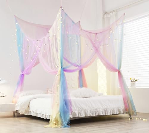 Mengersi Betthimmel in Regenbogenfarben mit Lichtern, Bettnetz, Baldachin für Bett, quadratisch, Betthimmel, Vordach – empfohlen für King-Size-Bett, Blau