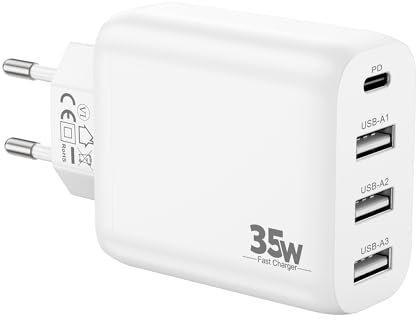 CREAPICO Cargador Carga Rápida 4 Puertos (1X USB-C y 3X USB-A), Enchufe Adaptador Corriente 35W con PD/QC/PPS para iPhone 16 15 Pro Max/Pro/Plus/16e, Samsung Galaxy S25/S24/S23, Google Pixel 9/8