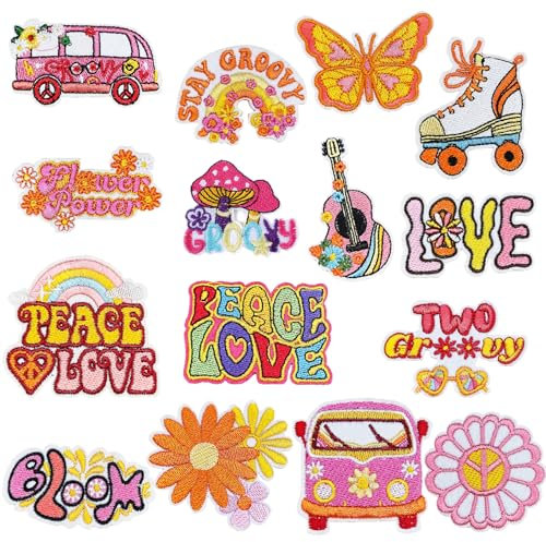 Qpout 17 Stück Hippie Flicken Bügeln auf Vintage Patches Groovy Boho Peace-Zeichen gestickt Reparatur Decoractive Patches Kit zum Aufnähen von Kleidung Rucksack Jacken Jeans Hemd DIY Handwerk