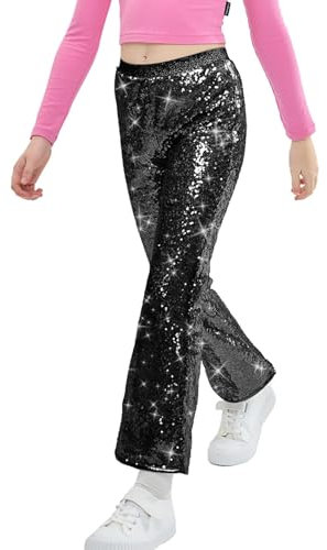 LOLANTA Mädchen Paillettenhose, glitzernde Disco Schlaghose, Party und Hip Hop Tanzbekleidung, Schwarz, 6 7 Jahre, 130