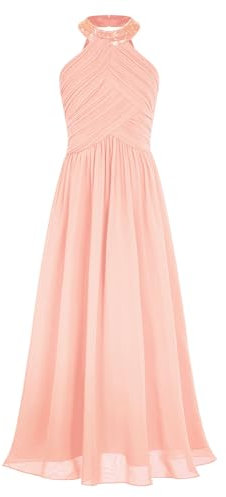 Alvivi Enfant Fille Robe De Soirée Cocktail Longue Cérémonie Demoiselle d'honneur Robe en Mousseline Halter Taille Haut 6-16 Ans Rose B 13-14 Ans