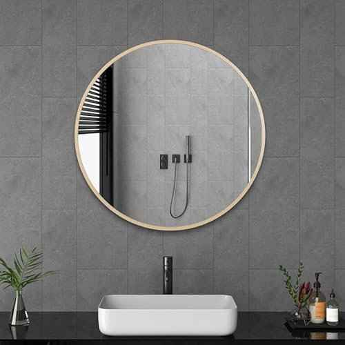 Goezes Rund Spiegel 50cm Wandspiegel, Wandmontage Spiegel Rahmen mit Holzmaserung groß Badspiegel, Rund Schminkspiegel für Badezimmer, Schlafzimmer, Wohnzimmer