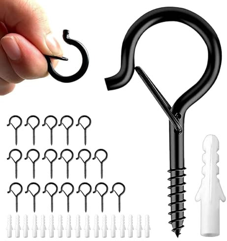 Dszemie 20Pack Screw Hooks for Hanging Heavy Duty Ceiling Ladder Cup Screw in Hooks with Buckles for Indoor and Outdoor String Lights Q Hanger Metal Hooks for Wood (Black)