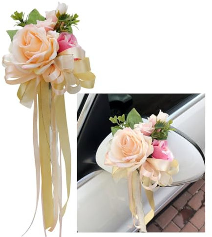 Rockreyoa 2 Stück Autoschleifen Retro Simulation Blume Schleife Seidenblumen Champagner Hochzeit Autoschmuck Auto Verschönert Rückspiegel Türgriff Hochzeit Stuhl Zurück DekoBlume Hochzeitsauto Deko