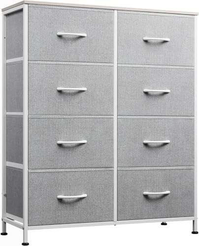WLIVE Tall Chest of Drawers, 8 Fabric Drawers Dresser Bedroom, Light Grey | Easy Pull Handle, Wood Top and Sturdy Steel Frame, Large Storage Unit for Living Room, Easy to Assemble, Adjustable Feet
