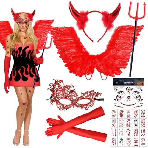 Halloween Flügel Rot, Engel Kostüm Damen Rot, 66cm Engelsflügel Rot, Federflügel Engel, Rot Engel Kostüm Mädchen, Teufels Flügel Helloween, Halloween Kostüm Damen Halloween Party Karneval Cosplay