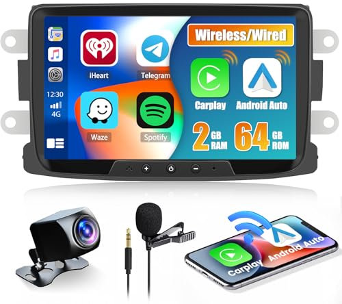 Hikity Android Radio de Coche Carplay Wireless Android Auto para Renault Dacia Duster Sandero Dokker Logan con Navegación GPS Pantalla Táctil 8 Pulgadas Bluetooth FM RDS Cámara Trasera (2+64G)