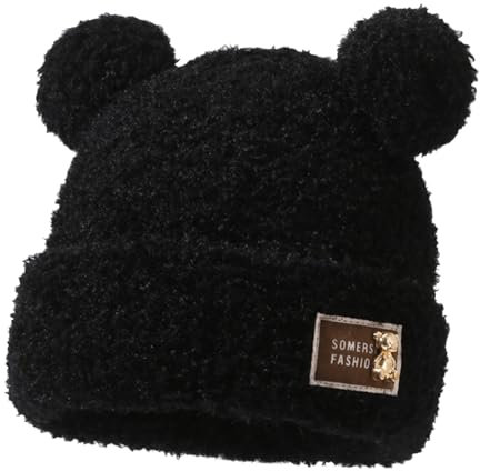 Rayson Winter Warme Plüschmütze Damen Winter Mütze Doppel Pompon Mütze Nette Warme Weiche Mode Beanie Mütze Zottelig(Schwarz)