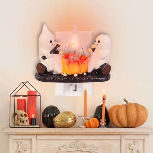 PASLFC Halloween Ghost Nachtlicht Steckdose, Geister Lagerfeuer Nachtlicht Kinder, Halloween Kerzen LED Geister Halloween Steckdosenlampe, Halloween Flicker Flame Nachtlicht