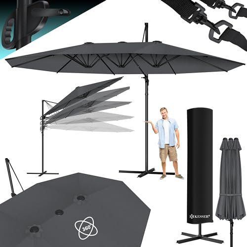 KESSER® Sombrilla, 4,6m x 2,7m Sombrilla - Cubierta y Protección Contra el Viento, Con Manivela y Soporte, Aluminio, Hidrófuga, Inclinable - Inclinable, Orientable 360°, Antracita - Sin LED