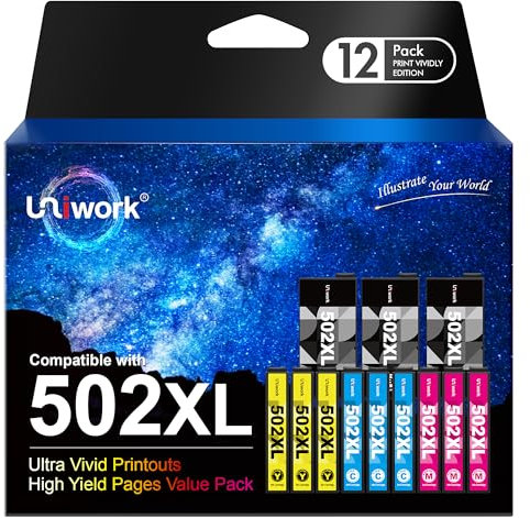 Uniwork 502XL Multipack Druckerpatronen Kompatibel für Epson 502 XL Patronen für Epson Workforce WF-2860 WF-2865 WF-2880 Expression Home XP-5100 XP5100 XP-5105 XP5105 XP-5150 (12er-Pack)