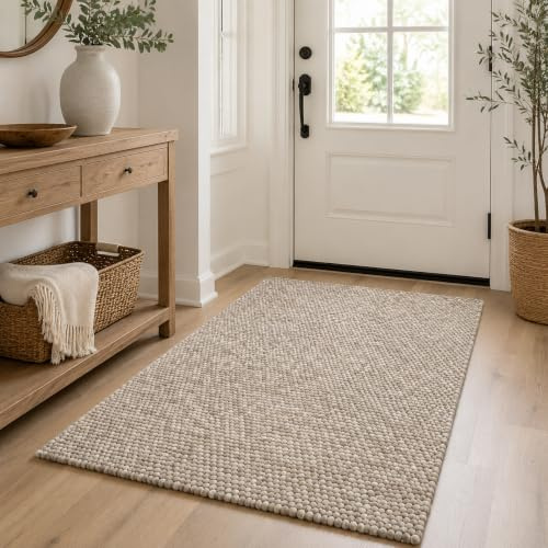 S & L Homes Popcorn-Fußmatte/Vorleger aus Wolle, Baumwolle, handgewebt, Grobstrick, Elfenbein, moderne Matte für Veranda, Wohnzimmer, 90 x 150 cm, Beige