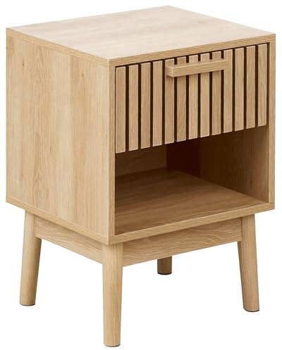 Beliani Nachttisch Heller Holzfarbton Lamellen-Optik mit Schublade Ablagefach Lynwood