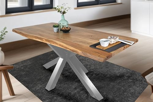 SAM Esstisch 120 x 80 cm Tim, Baumkantentisch naturfarben, Akazienholz massiv, Spider-Gestell aus Metall Silber