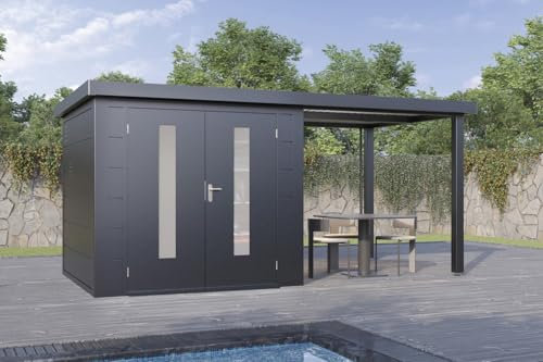 Finnhaus Wolff Metall-Gerätehaus Elvar 4824 Anthrazit Gerätehaus aus Metall in Anthrazitgrau, Geräteschrank inklusive Terrasse inklusive Schleppdach Gartenhaus