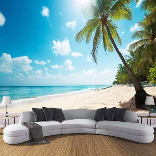 JEDTAKCT Papier Peint Panoramique Ciel Bleu Vue Sur La Plage Et Les Palmiers 300X210Cm - Décoration Papier Peint Intissé Moderne – Tapisserie Murale Tableaux Muraux Pour Chambre Salon -