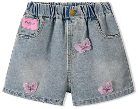 Rolanko Shorts en Jean pour Filles Taille Élastiquée Été Déchirés Jeans Courts avec Poches pour Enfants, Papillon, Taille: 13-14 Ans, 170