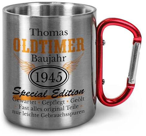 True Statements Edelstahl-Tasse mit Karabiner „Oldtimer Special Edition“ personalisiert mit Namen & Baujahr – Geschenk für Biker, Outdoor-Fans - ca. 300 ml Metall-Becher Camping - Griff Rot