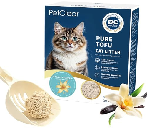 Tofu Katzenstreu, klumpendes Kätzchenstreu, spülbar, Erbsfaser, staubfrei, geruchskontrollierend, geringe Spurung (4.8kg (2×2.4kg) (4.8kg (2×2.4kg), Vanille-Duft)