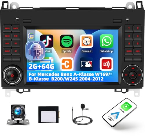 2+64G Android 15 Carplay-Autoradio für Mercedes Benz A-Klasse W169/B-Klasse B200/W245 2004-2012, 7 Zoll 2,5D IPS-Touchscreen-Radio mit Android Auto Bluetooth, GPS, WiFi, SWC, 26UI, Rückfahrkamera