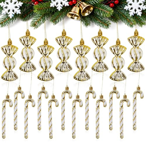 Joxessaien 20 Stück Zuckerstangen Weihnachten Deko, 8 Stück Weihnachtssüßigkeiten Dekoration und 12 Stück Christbaum Zuckerstangen, Gold & Weiß Tannenbaumschmuck Deko