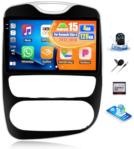 OiLiehu 4G+128G Android 15 Carplay Android Auto Autoradio para Renault Clio 4 2012-2018 Pantalla de 10,1 Pulgadas con Bluetooth FM RDS GPS WiFi SWC EQ Cámara de Visión Trasera