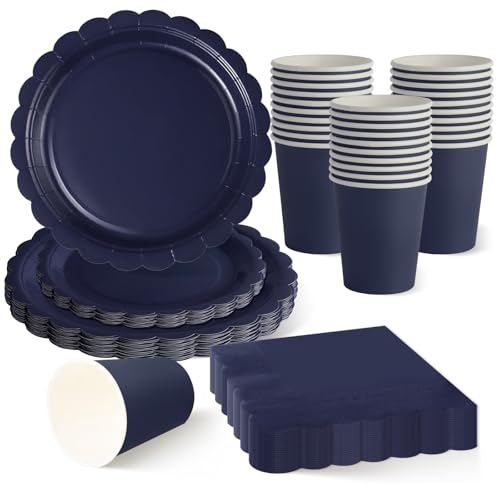ZblPyro 120pcs Navy Blue Party Plates Cups and Napkins for 30 Guests | 7-inch & 9-inch scalloped plates, cups, napkins, corporate event, men's birthday, grill party