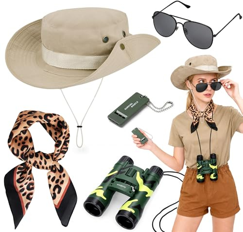 Dreamtop Safari-Kostüm-Zubehör-Set, Safari-Hut, Entdecker, Zoo-Keeper-Kostüm mit Leopardenmuster, Schal, Fernglas, Sonnenbrille, Pfeife für Damen