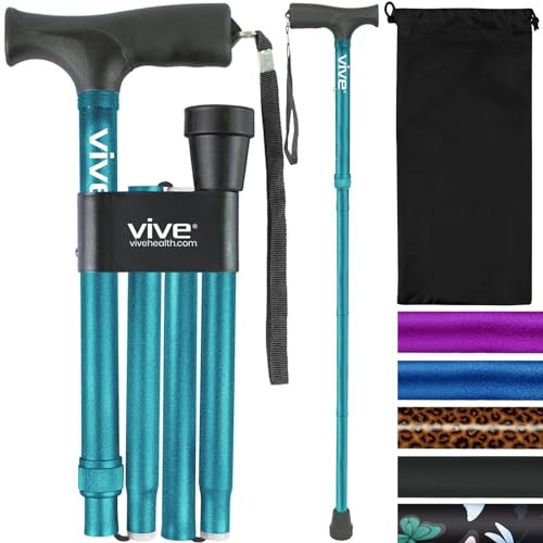 Vive Folding Cane - Lightweight Foldable Walking Stick for Men & Women - Adjustable & Durable for Portable Travel- Collapsible Balancing Mobility Aid - Sleek Ergonomic & Comfortable Handles (Teal)