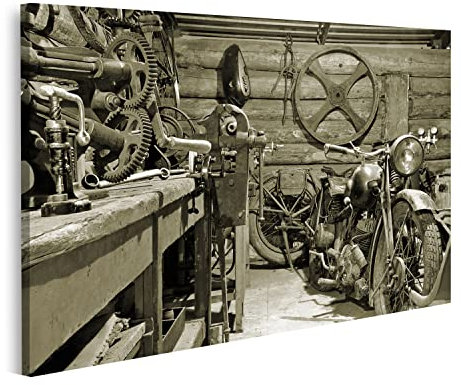 islandburner Bild auf Leinwand Vintage Motorrad Und Werkzeuge Garage Werkstatt Bilder Wandbilder Poster