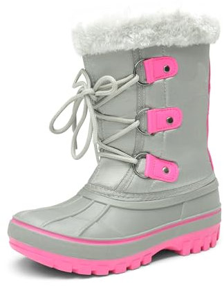 DREAM PAIRS Bambini Ragazza Stivali da Neve Inverno Stivaletti Impermeabile Antiscivolo Caloroso Stivali Ragazzino,Size 31,Grigio/Fucsia,Forester