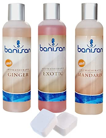 Whirlpoolduft Banisan Badezusatz Whirlpool Aromatherapie 3 Düfte mit je 250 ml + 2 Filterreinigungstabletten von Pfahler´s Whirlpool Studio. Softub Whirlpool Duft Set, Ginger, Mandarin, Exotic