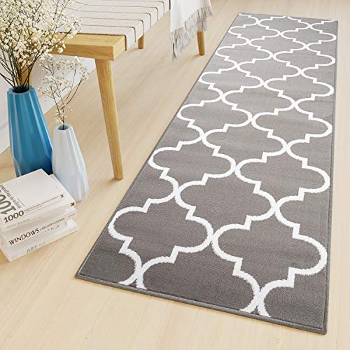 TAPISO Luxury Läufer Teppich Flur Korridor Brücke Kurzflor Designer Grau Weiss Marokkanisch Geometrisch Gitter Muster ÖKOTEX 70 x 110 cm