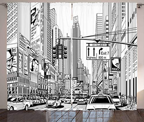 ABAKUHAUS New York Rustikaler Gardine, Downtown Manhattan, Schlafzimmer Kräuselband Vorhang mit Schlaufen und Haken, 280 x 225 cm, Weiß Grau