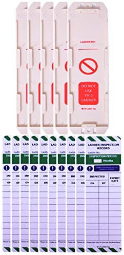 LIVELIFEBETTER® Ladder Tags - 5 Holders & 10 Ladder Inspection Tag Inserts - Fits all ladder types - Robust & Durable - Suitable for Indoor & Outdoor Use