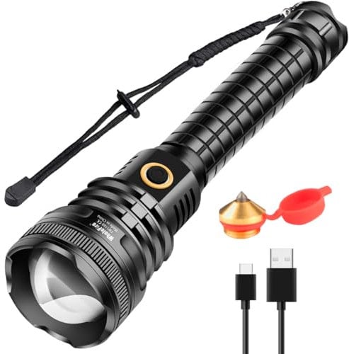 WholeFire LED Taschenlampe Extrem Hell 90000 Lumens XHP90 USB Wiederaufladbar mit Batterieanzeige, 5 Modi Wasserdichte Hohe Leuchtkraft Leistungsstarke Taschenlampe Mit 2x Akku