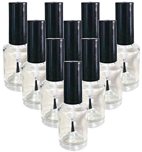 Happyupcity 10PCS 15ML/0.5OZ Empty Round Clear Nail Polish Glass Bottles with Brush Black Cap Small Nail Vials Travel Trial Pack Liquid Blush Storage Containers for Nail Art