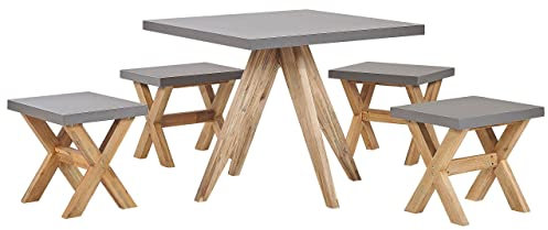 Beliani Gartenset Tisch 90x90 cm 4 Hocker Faserzement Akazienholz Rustikal grau Olbia